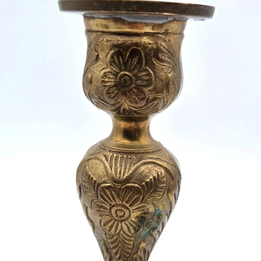 VINTAGE Single Brass Candlestick Candle Holder with Floral Design